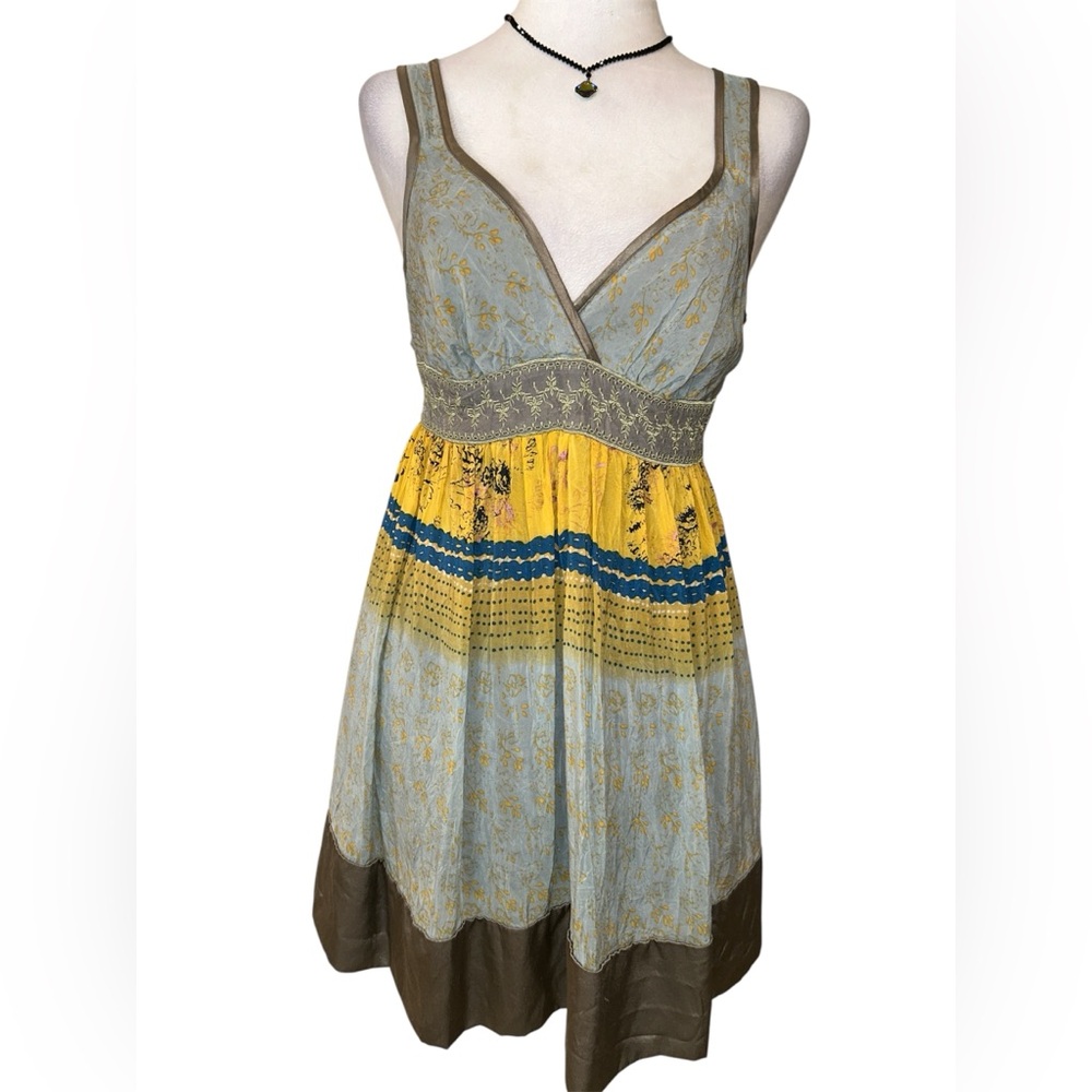 Vintage Johnny Was Mini Tunic V Neck Babydoll Summer Dress Top Tie Waist